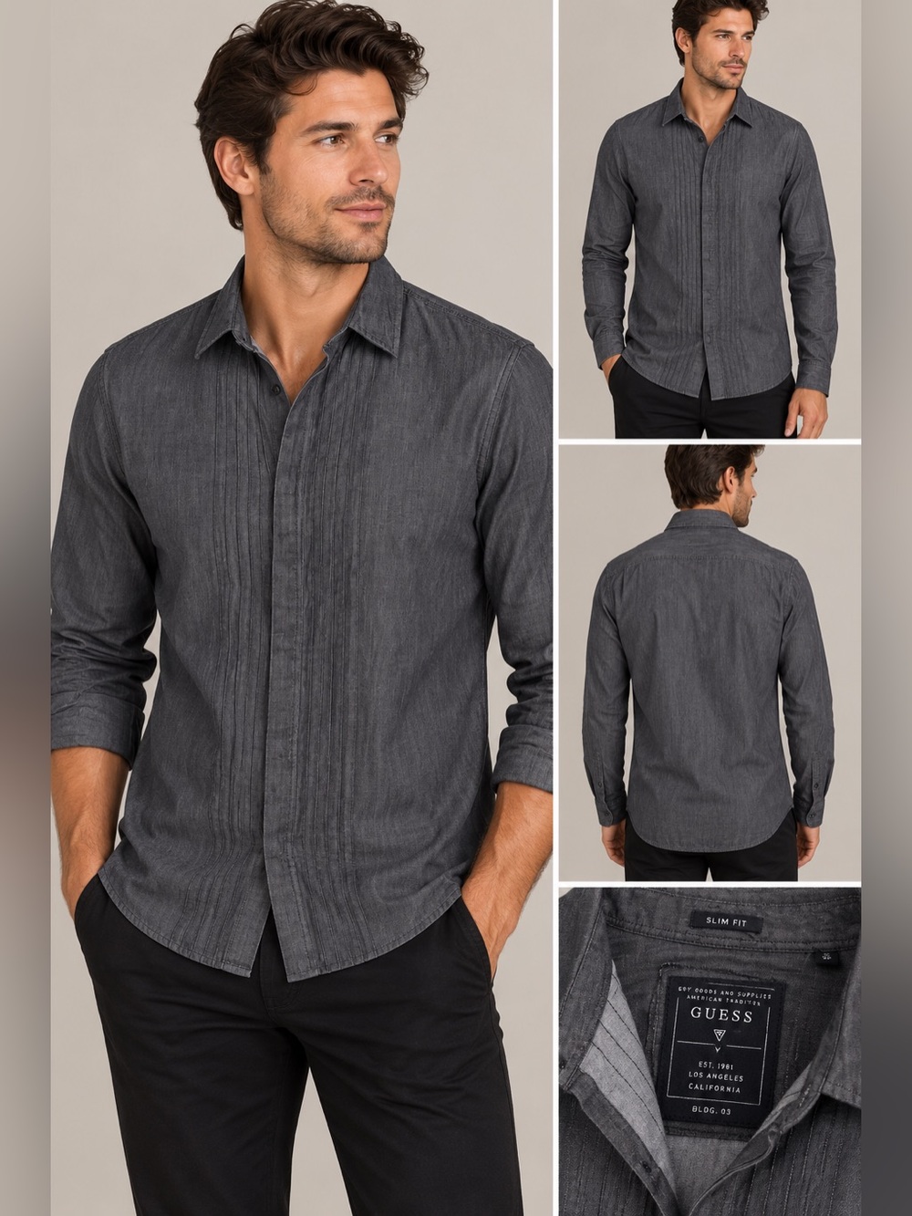 GUESS Men’s Gray Slim Fit Long Sleeve Button-Up Shirt Size L